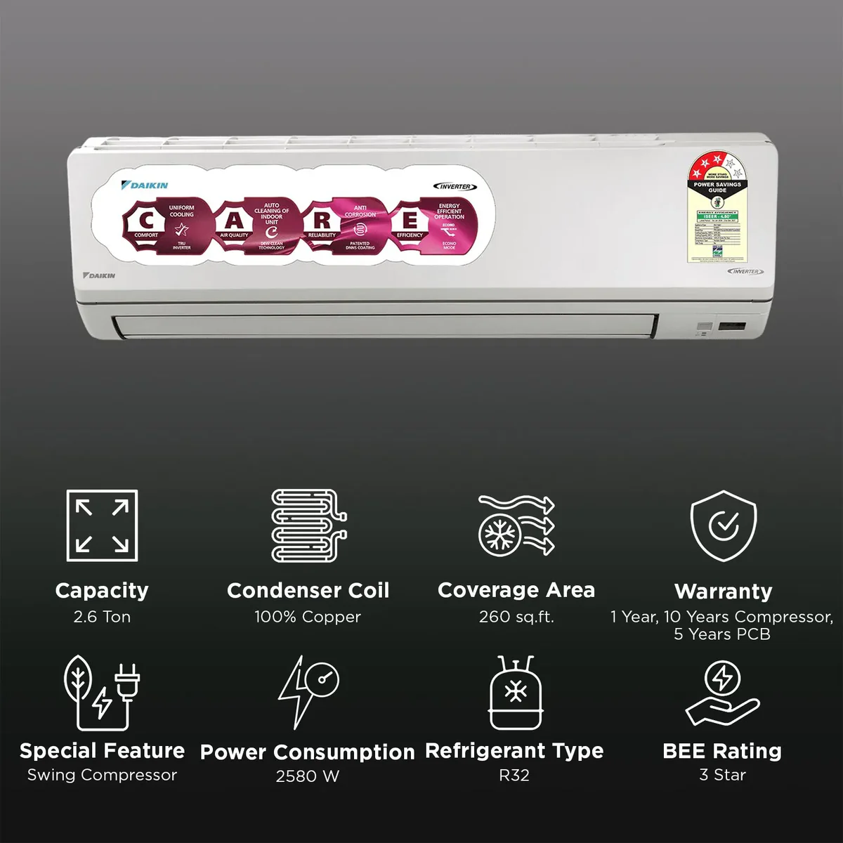 Daikin 2.6 Ton 3 Star Inverter Split AC (FTKL90XV16) view 4