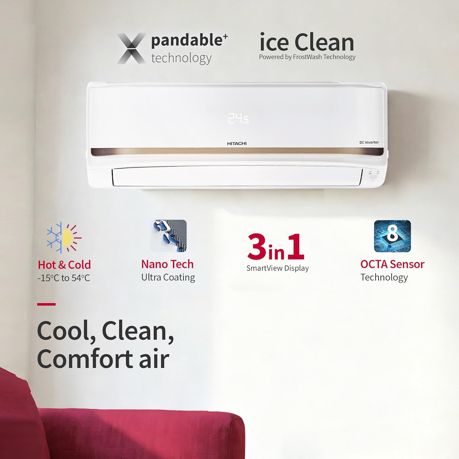 Hitachi 1.5 Ton 3 Star Inverter Hot & Cold Split AC (RAS.G318PHDIST) view 3